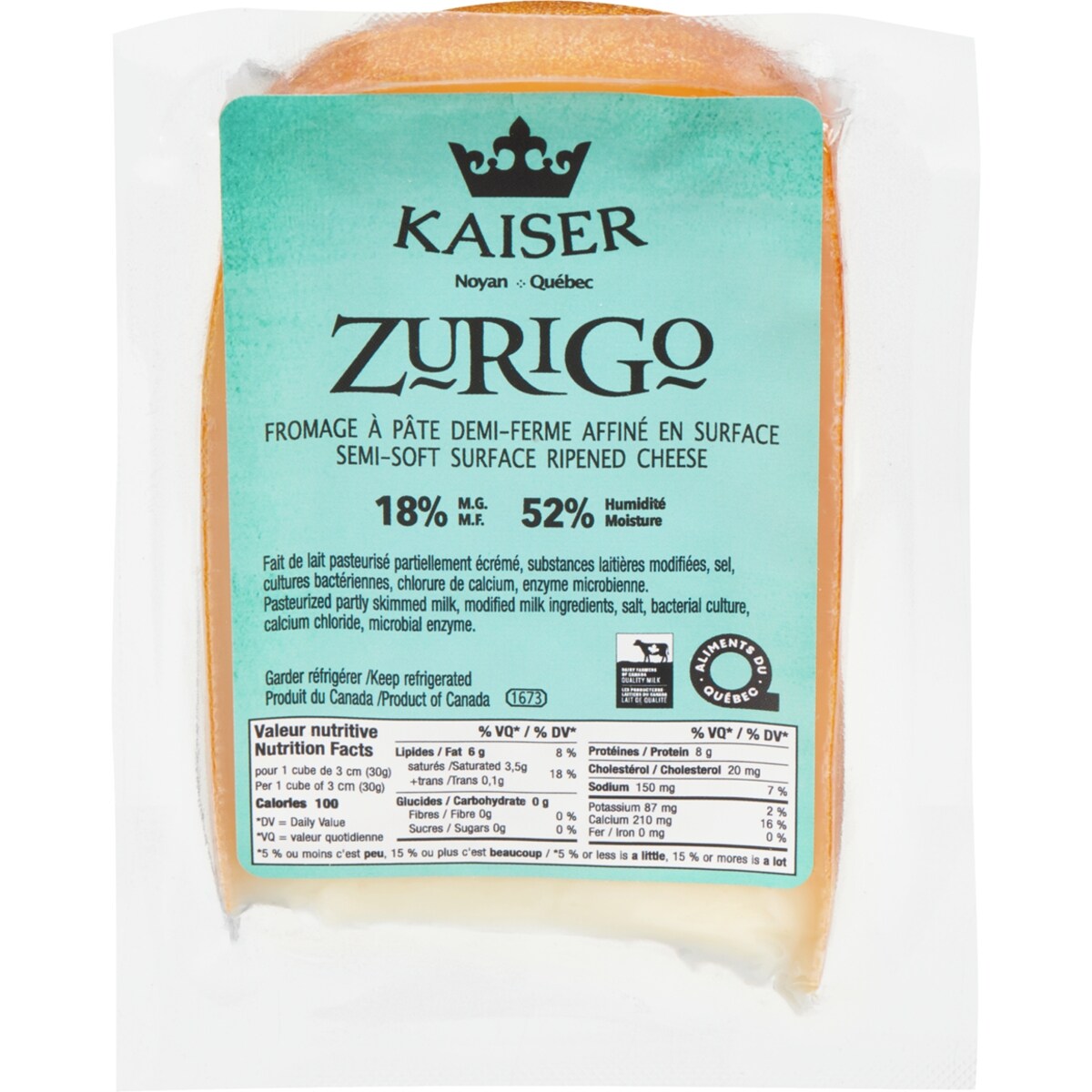 Zurigo 18% M.G. Fromage À Pâte Demi-Ferme Affiné En Surface