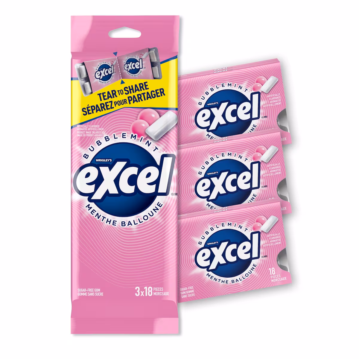 Excel Menthe balloune, gomme à mâcher sans sucre, 18morc., 3emb.