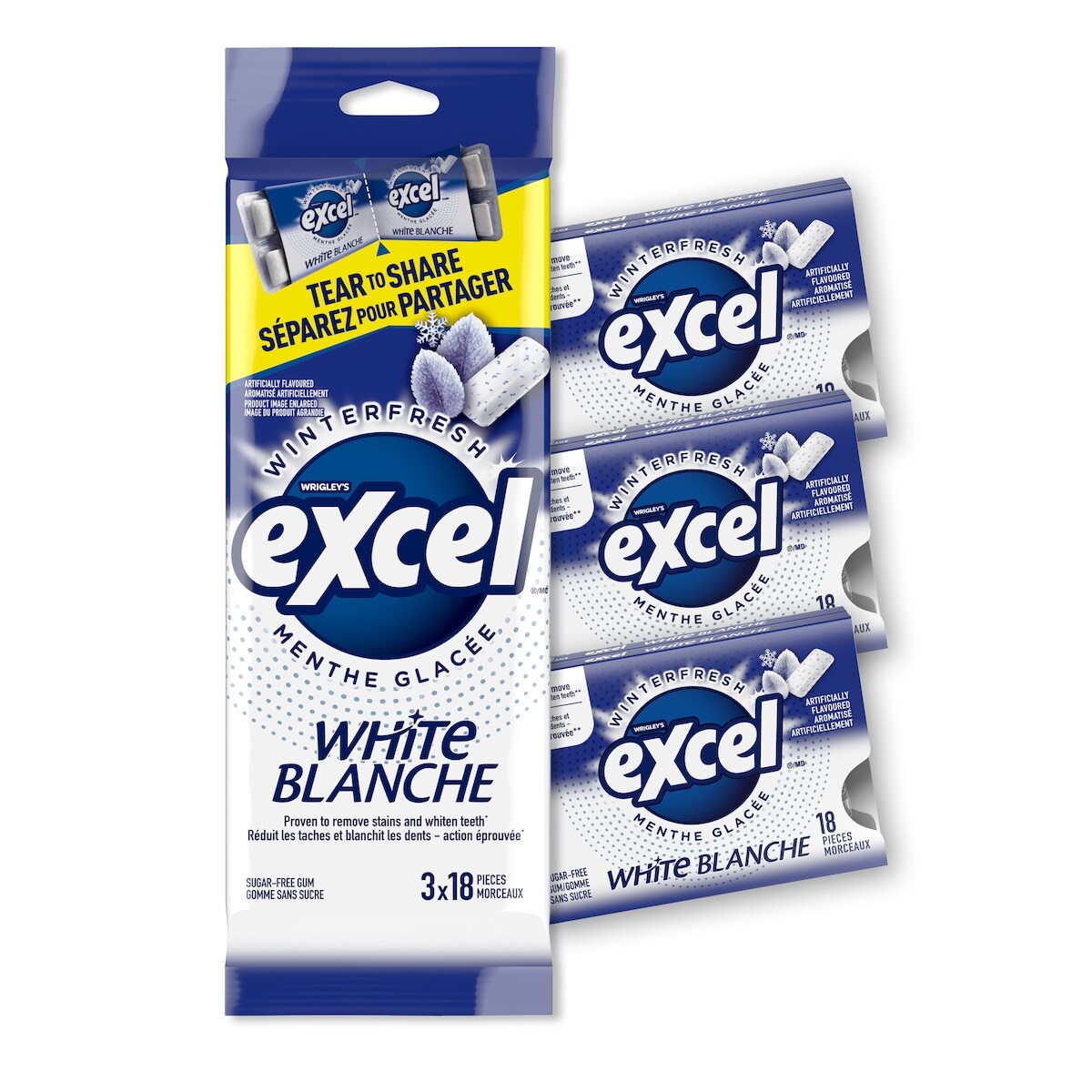 Excel Menthe glacée, gomme sans sucre, blanch. dents, 18morc., 3emb.