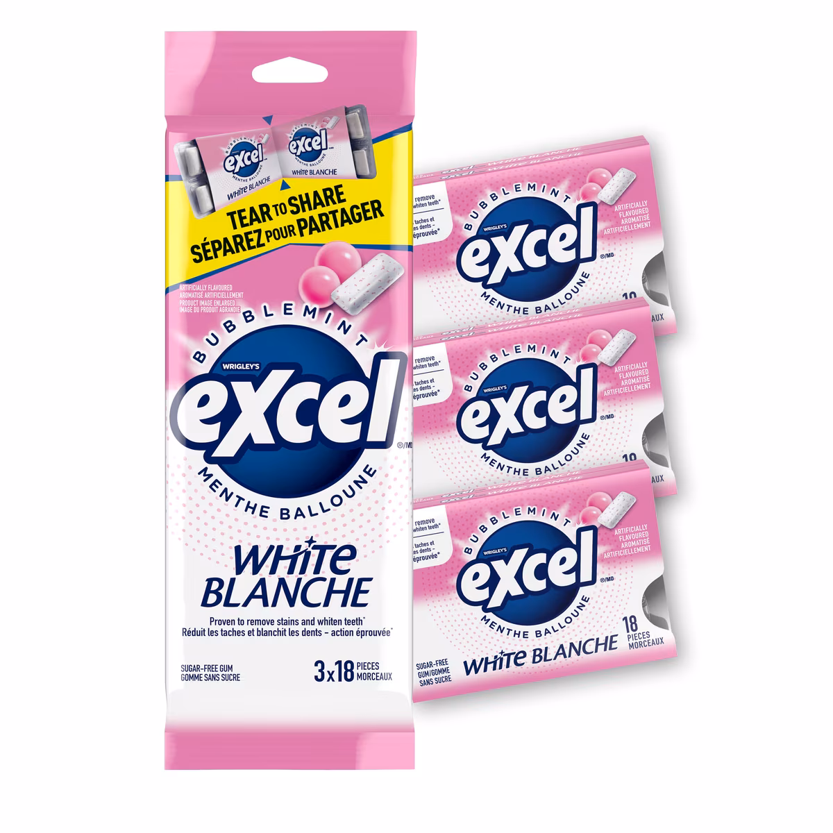 Excel Wht, m. bal., gomme sans sucre, blanch. dents, 18morc., 3emb.