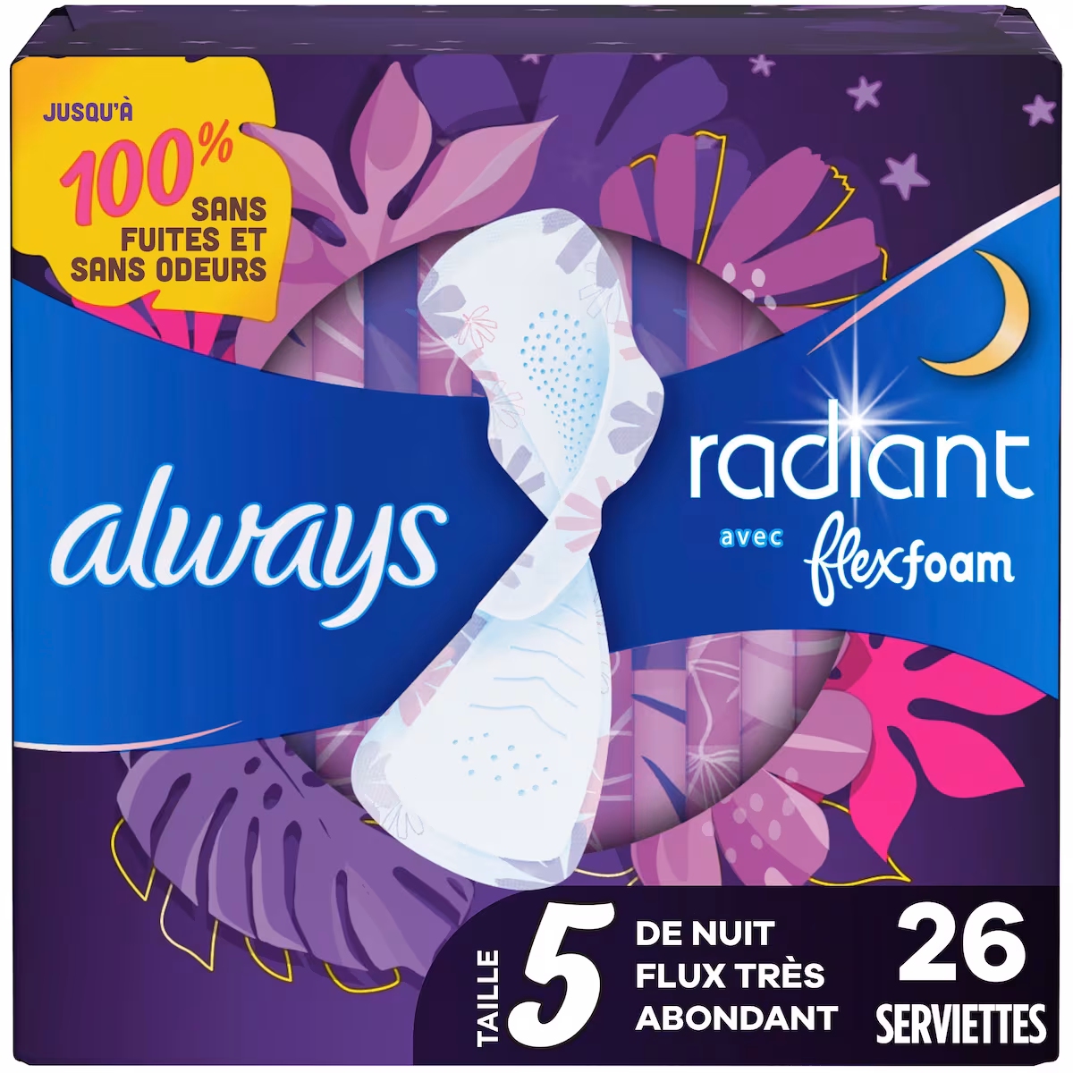 Serviettes FlexFoam pour femmes, extra absorbantes de nuit avec ailes, parfumées