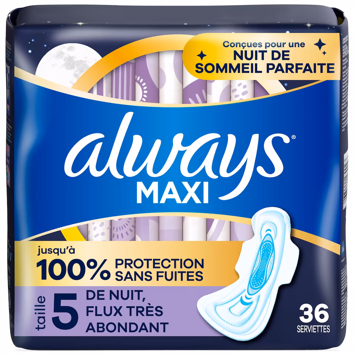 Serviettes Maxi de nuit flux très abondant, avec ailes, taille 5, non parfumées, 36 serviettes