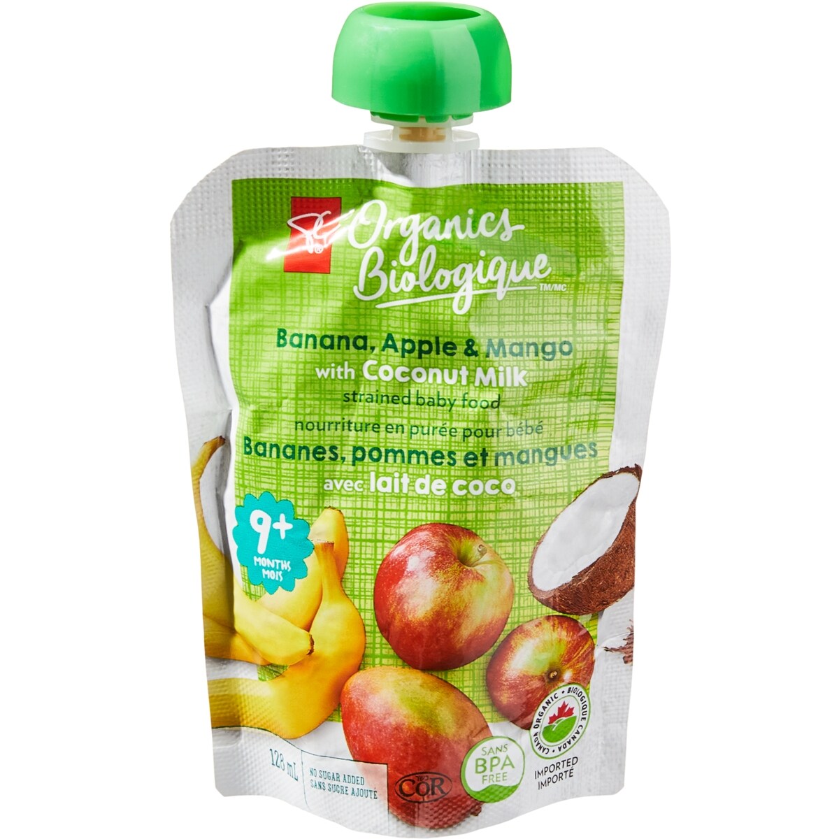 Nourriture pour bébé, bananes, pommes et mangues