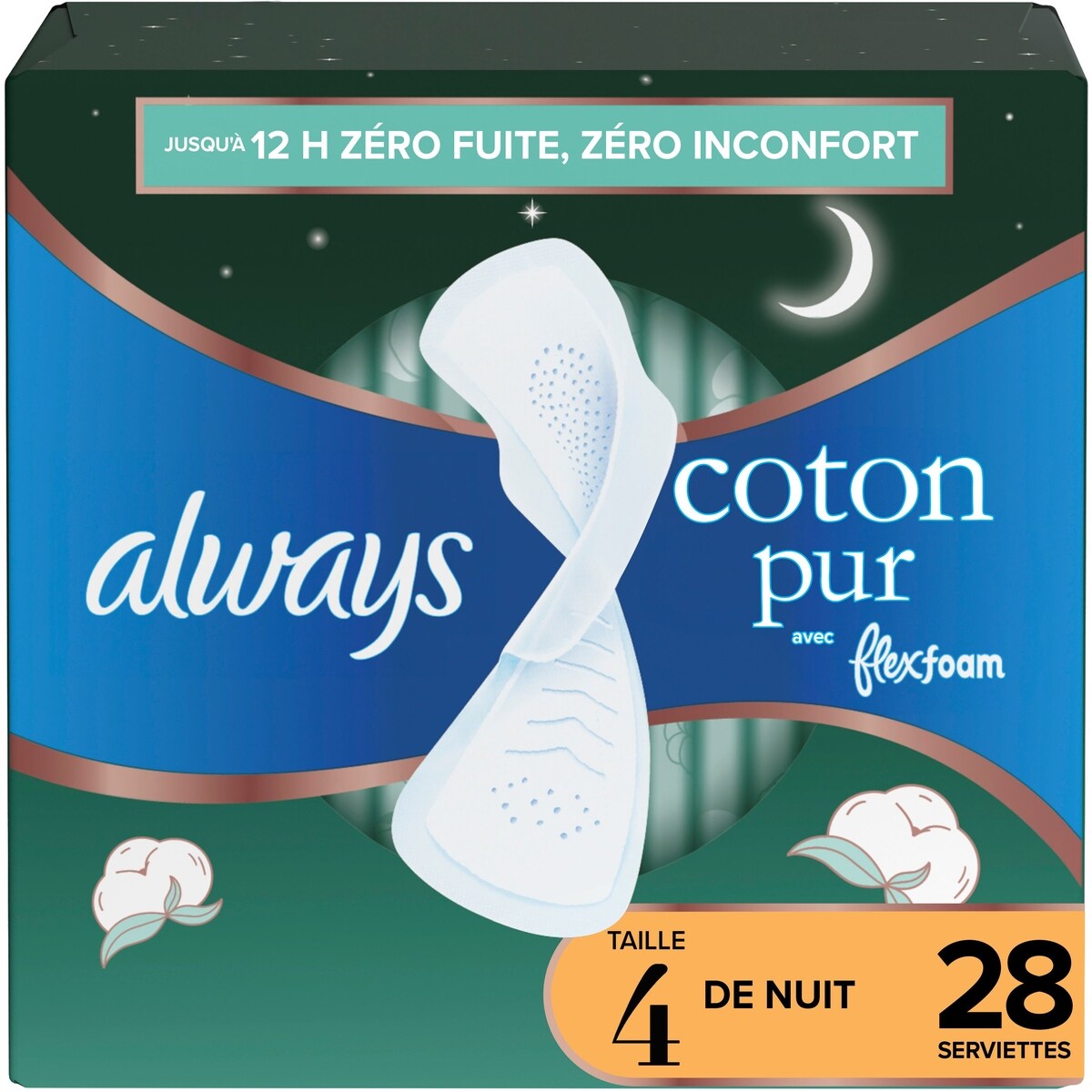 Serviettes Pure Cotton, avec ailes, pour femmes, taille 4, de nuit, non parfumées, 28 serviettes