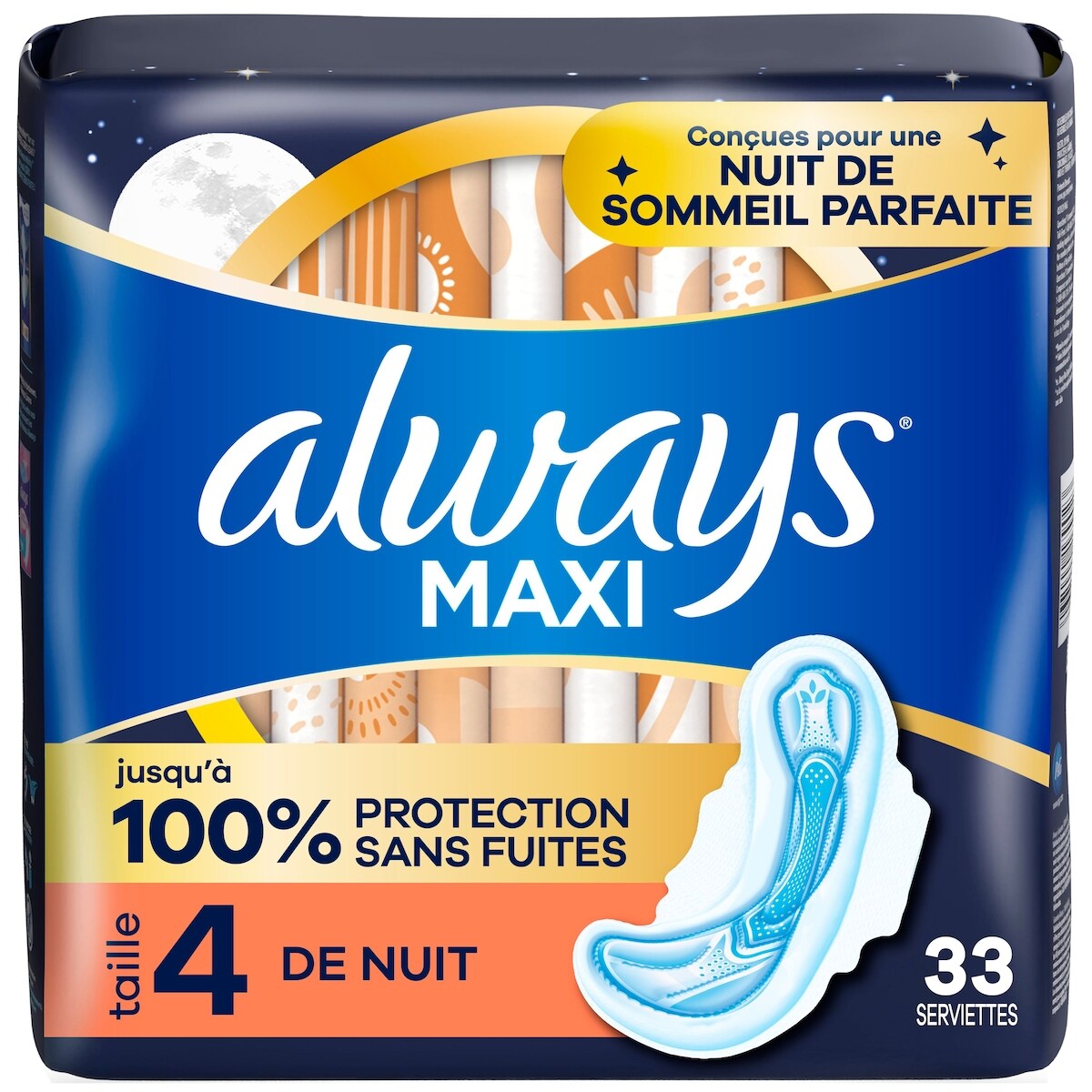 Serviettes Maxi de nuit, degré dabsorption de nuit, avec ailes, pour femmes, taille 4, non parfumées, 33 unités