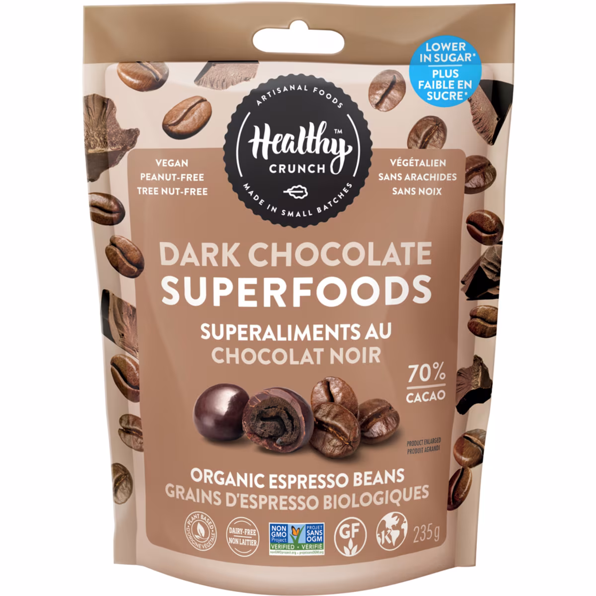 Superaliments au chocolat noir en grains de café expresso biologique