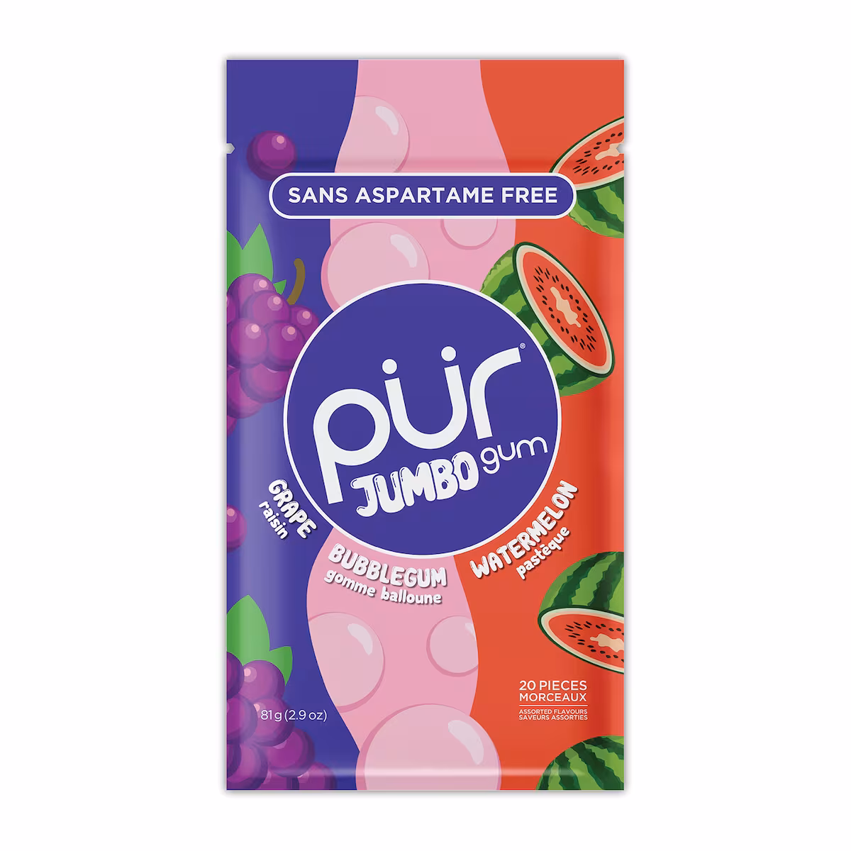 Gomme à Mâcher Jumbo Sans Aspartame au Goût Naturel de Gomme Balloune, Raisin, Pastèque
