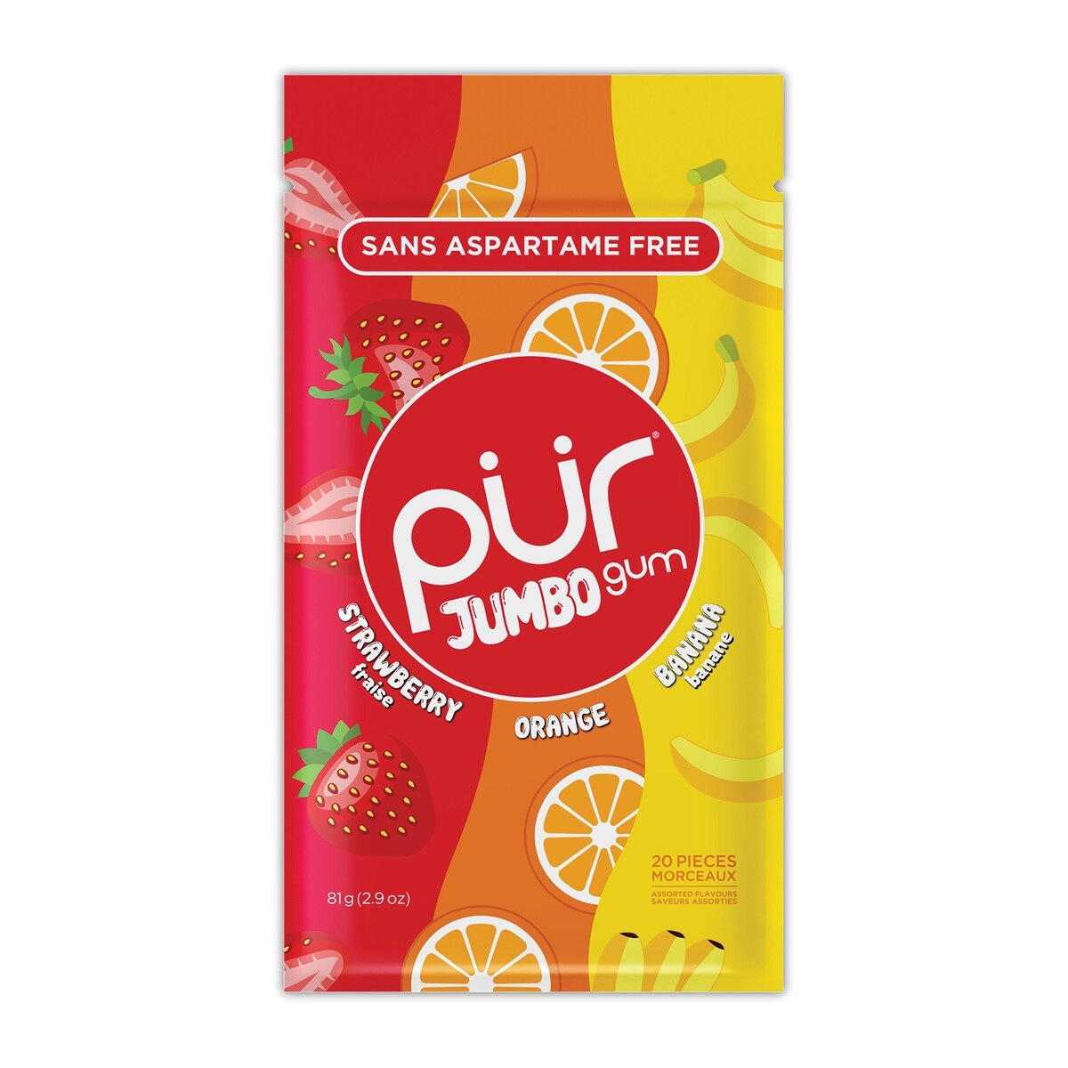 Gomme à Mâcher Jumbo Sans Aspartame au Goût Naturel de Fraise, Banane, Orange