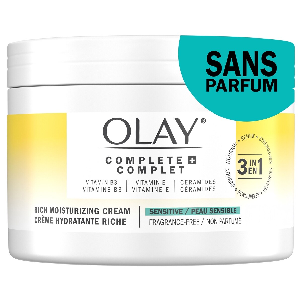 Crème hydratante riche complet+ sans parfum, crème hydratante pour le visage 3 en 1
