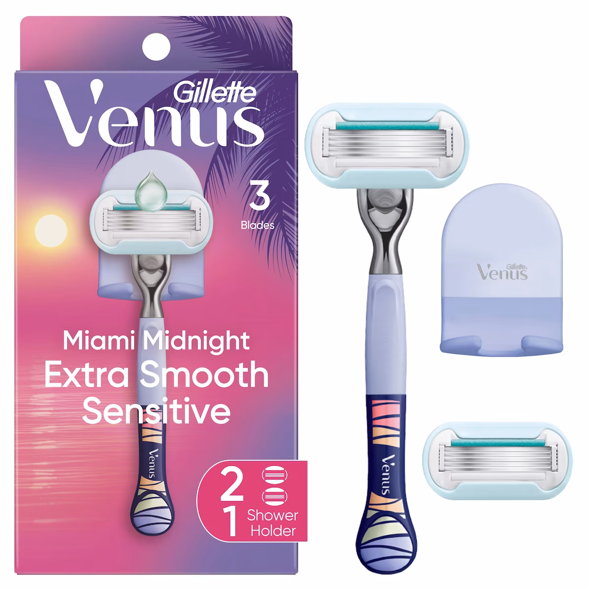 Manche de rasoir Minuit à Miami Extra doux pour femmes, 2cartouches de rechange et crochet pour la douche