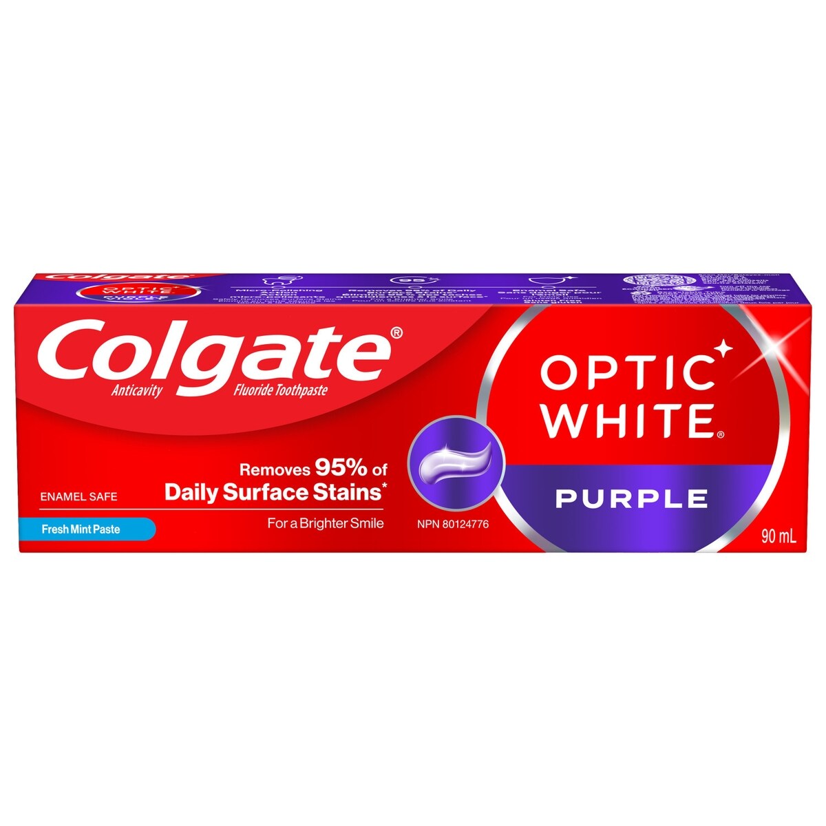 Optic white dentifrice au fluorure anticarie pâte à la menthe fraîche violet