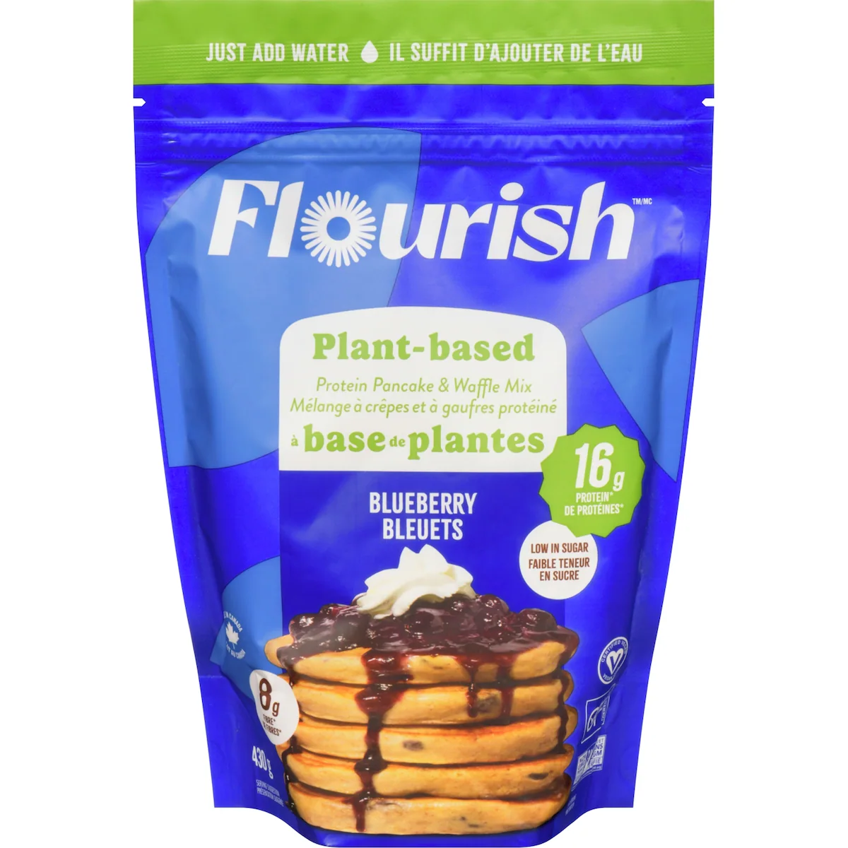 Mélange à crêpes et à gaufres protéiné à base de plantes bleuets