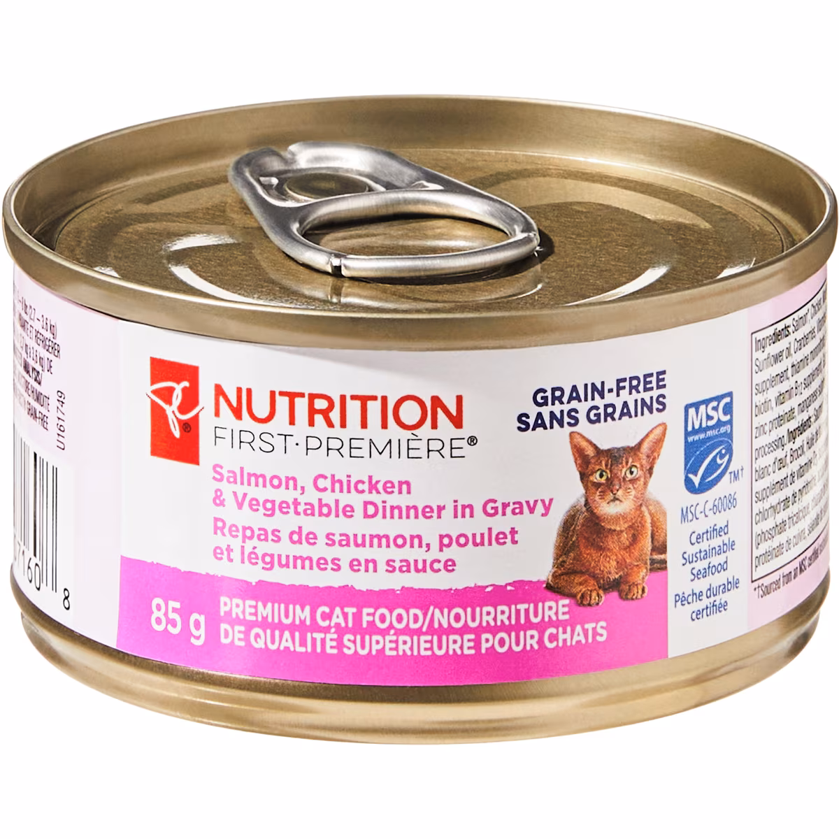 Nutrition première, repas de saumon, poulet et légumes en sauce, nourriture de qualité supérieure pour chats