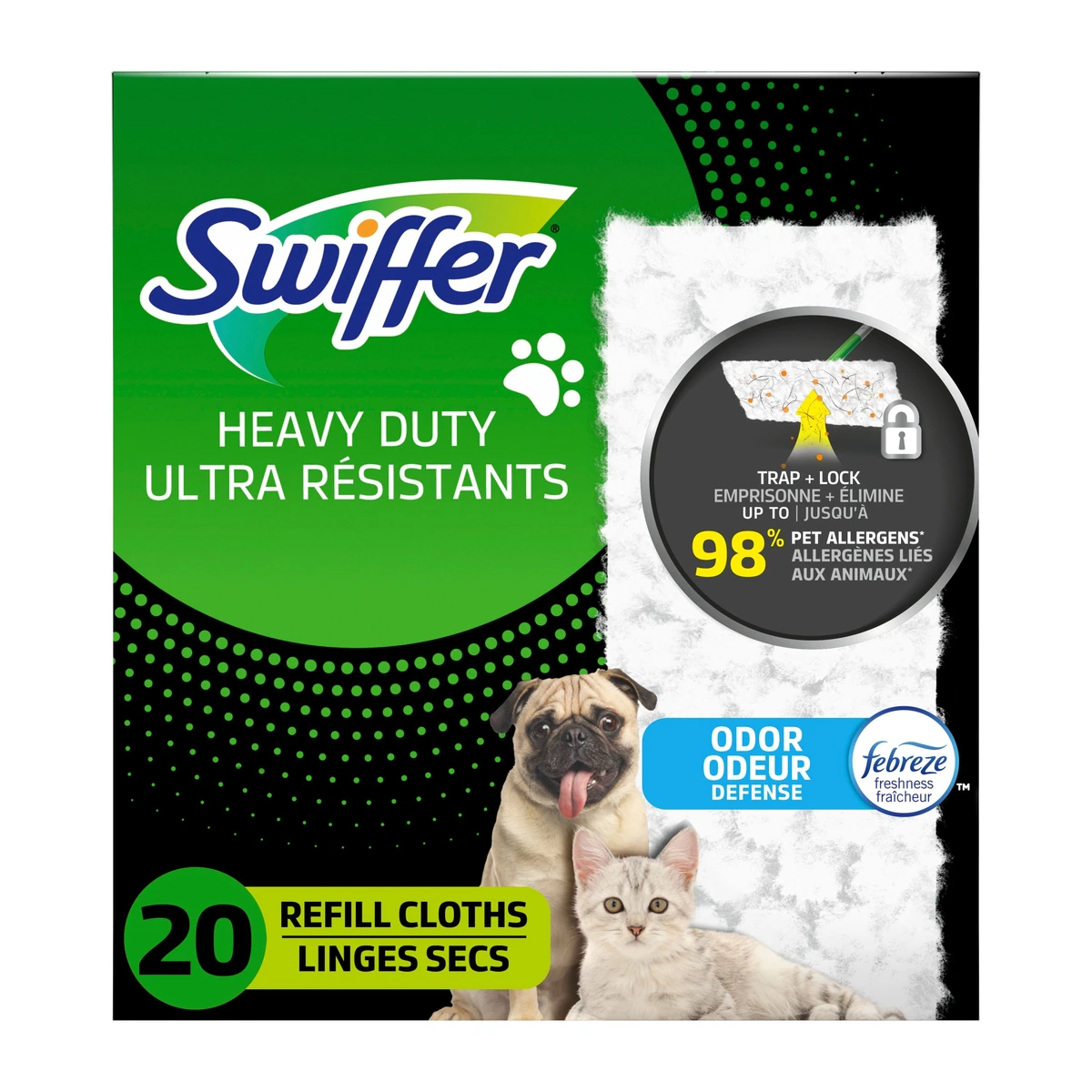 Recharges de linges secs multi-surfaces ultra résistants pour animaux domestiques pour balai, pour balayer et nettoyer les planchers, fraîcheur, 20 unités