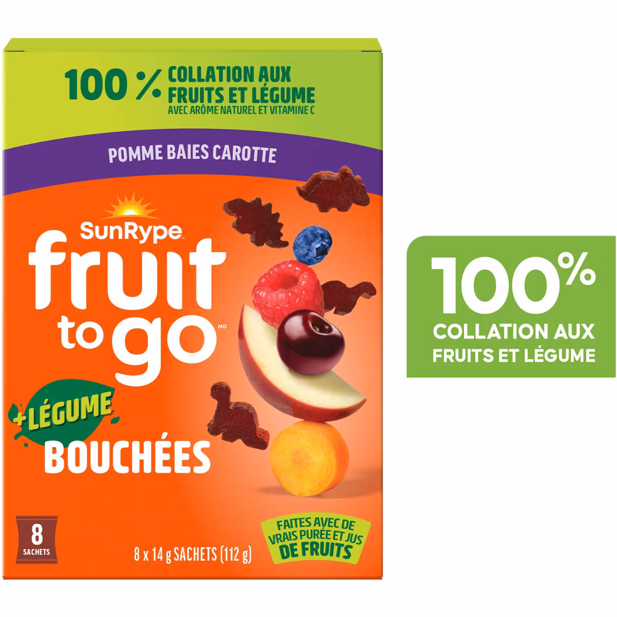 Fruit to go 100 % collation aux fruits et légume +légume bouchées pomme baies carotte