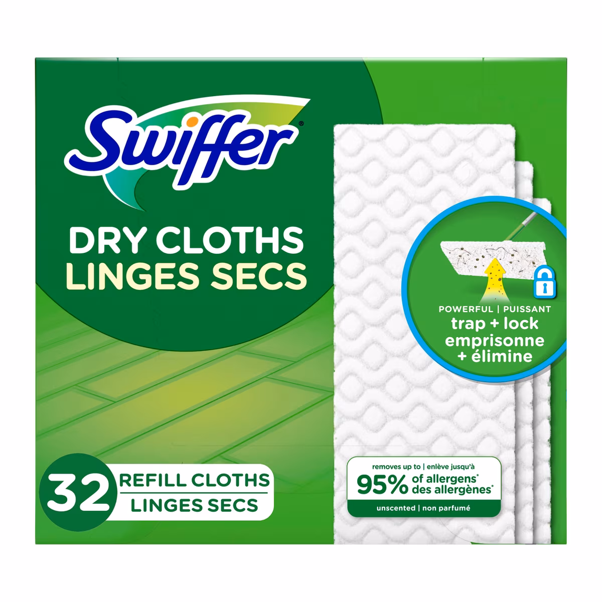 Recharges de linges secs multi-surfaces pour balai pour balayer et nettoyer les planchers, non parfumés, 32 unités