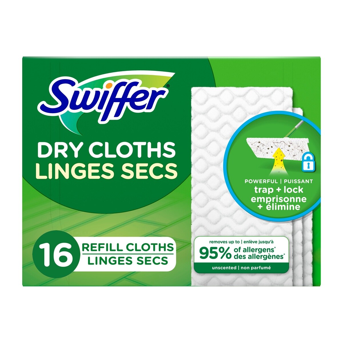 Recharges de linges secs multi-surfaces pour balai pour balayer et nettoyer les planchers, non parfumés, 16 unités