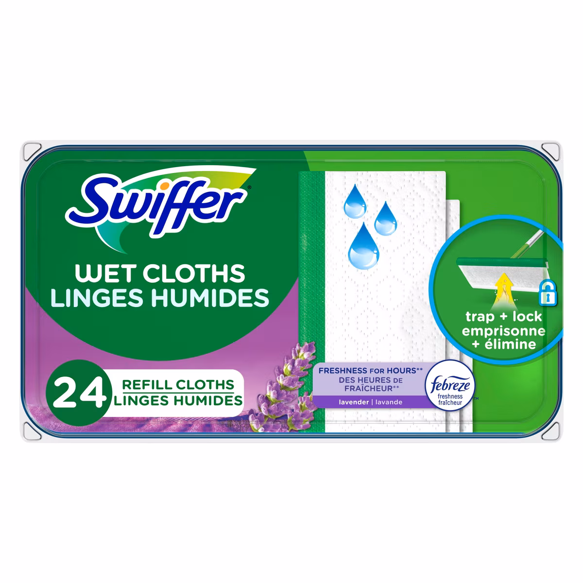 Recharges de linges humides pour balai pour balayer et nettoyer les planchers, nettoyant pour planchers multi-surfaces avec fraîcheur, parfum Lavande, 24 unités