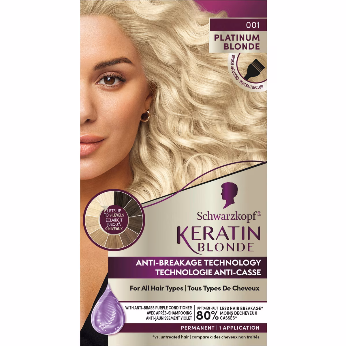 Keratin blond crème colorante permanente pour cheveux platinum blonde 001, paquet de 1 platinum blonde