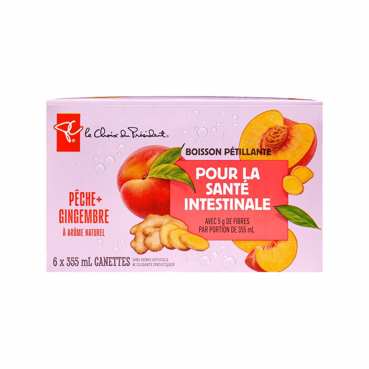 Boisson pétillante aromatisée à la pêche et au gingembre avec fibres pour la santé intestinale
