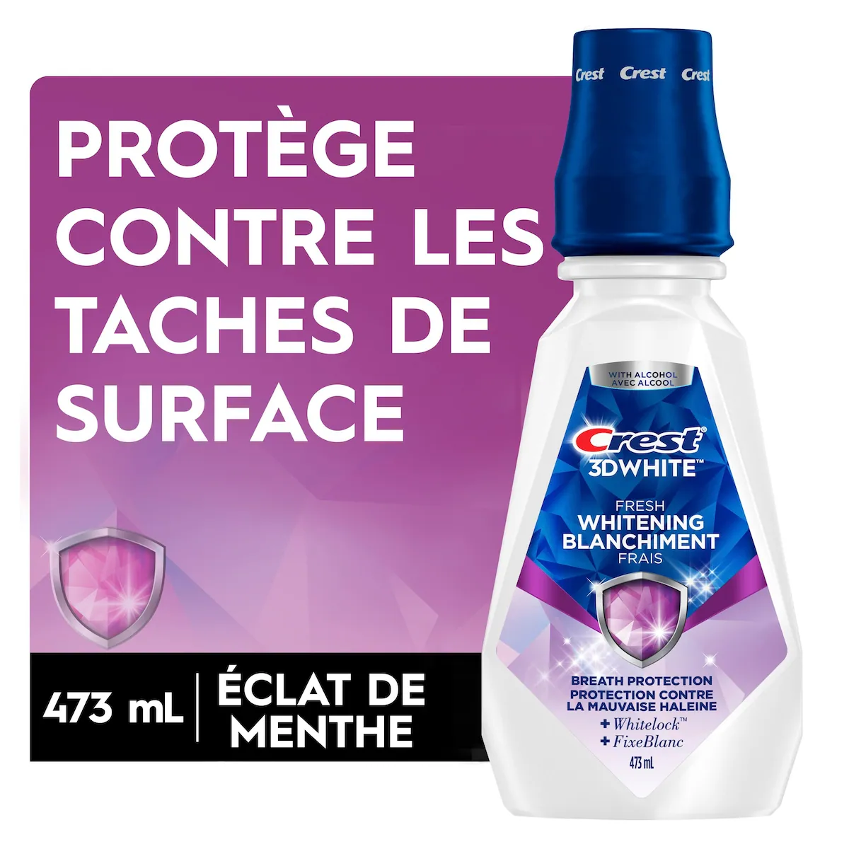 Rince-bouche blanchissant  3D White Fraîcheur, prévient les taches de surface, tue des millions de germes responsables de la mauvaise haleine, sans alcool, saveur Menthe tique, 473 mL (16 oz liq.)