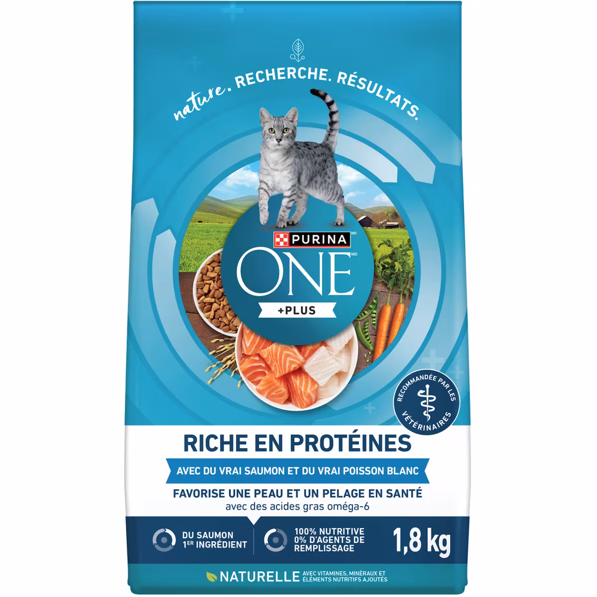 ONE +plus formule au saumon et poisson de mer blanc à teneur élevée en protéines, nourriture sèche pour chats