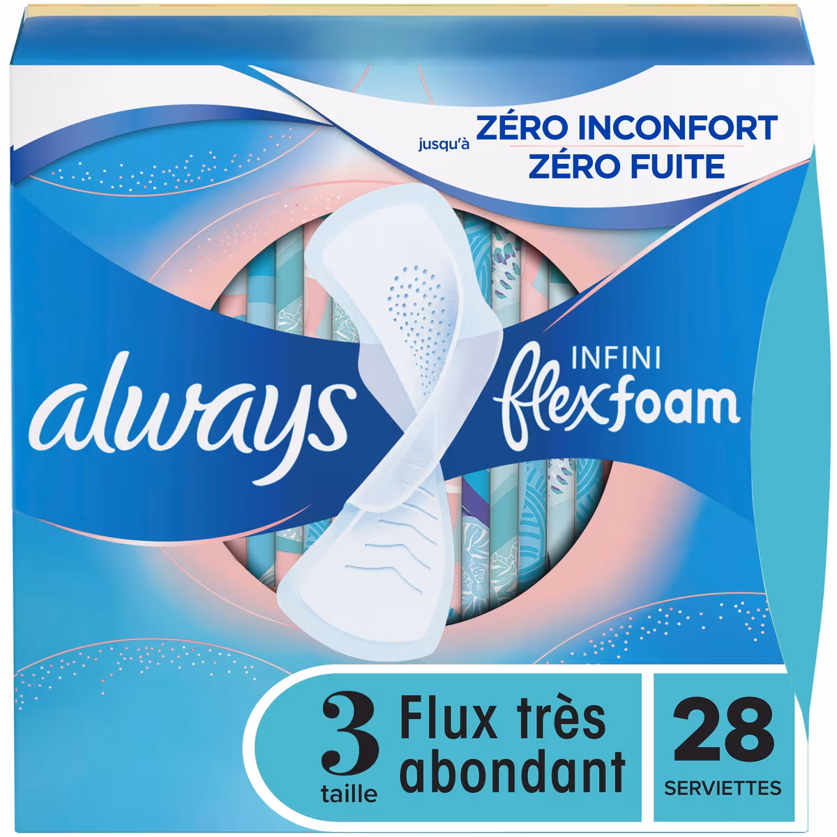Serviettes féminines Infini pour femmes, serviettes avec ailes Flexfoam, taille 3, degré dabsorption très abondant, non parfumées, 28 serviettes