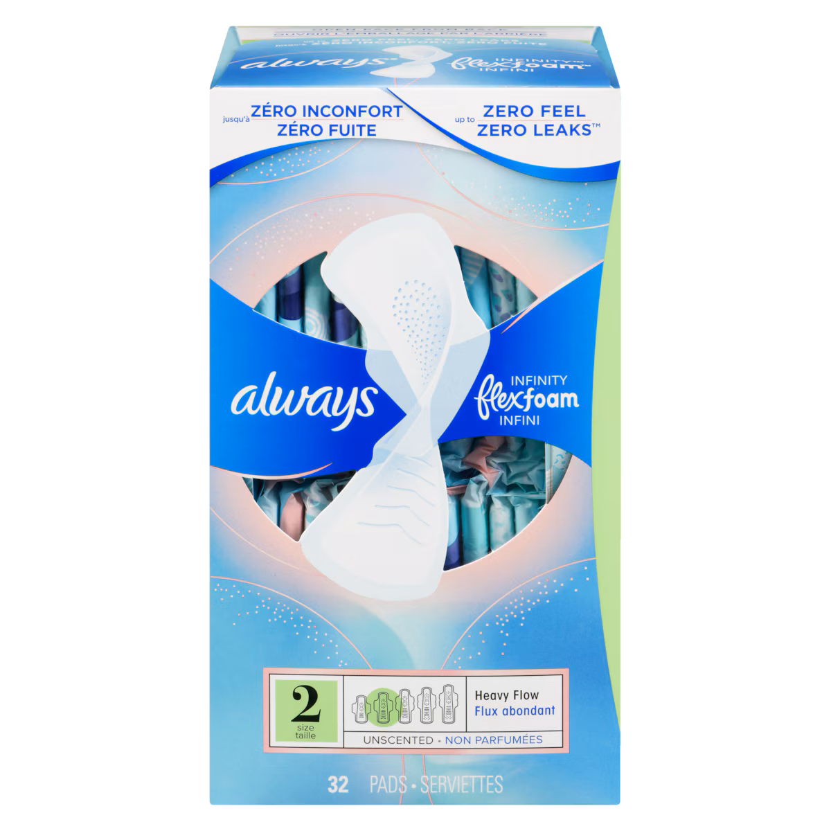 Serviettes féminines Infini pour femmes, serviettes avec ailes Flexfoam, taille 2, degré dabsorption abondant, non parfumées, 32 serviettes