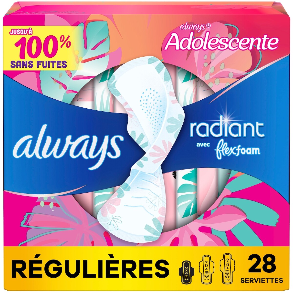 Serviettes Radiant, flux régulier, avec ailes, pour adolescentes, taille 1, non parfumées, 28 serviettes