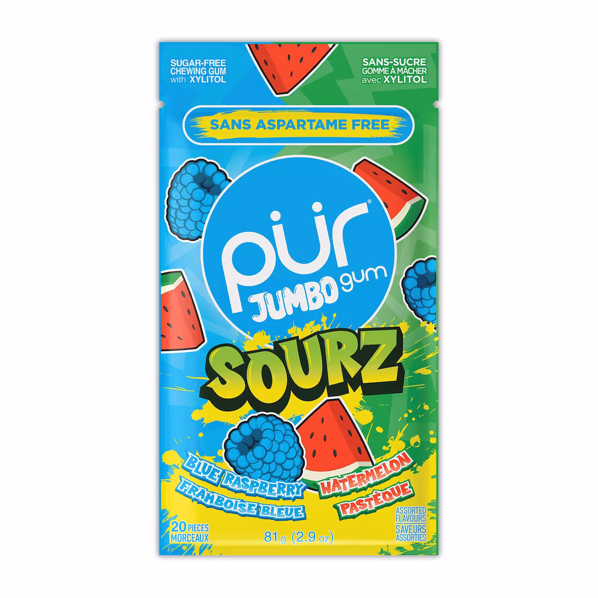 Gomme à Mâcher Jumbo SOURZ, Sans Aspartame au Goût Naturel Acidulée de Framboise Bleue et Pastèque