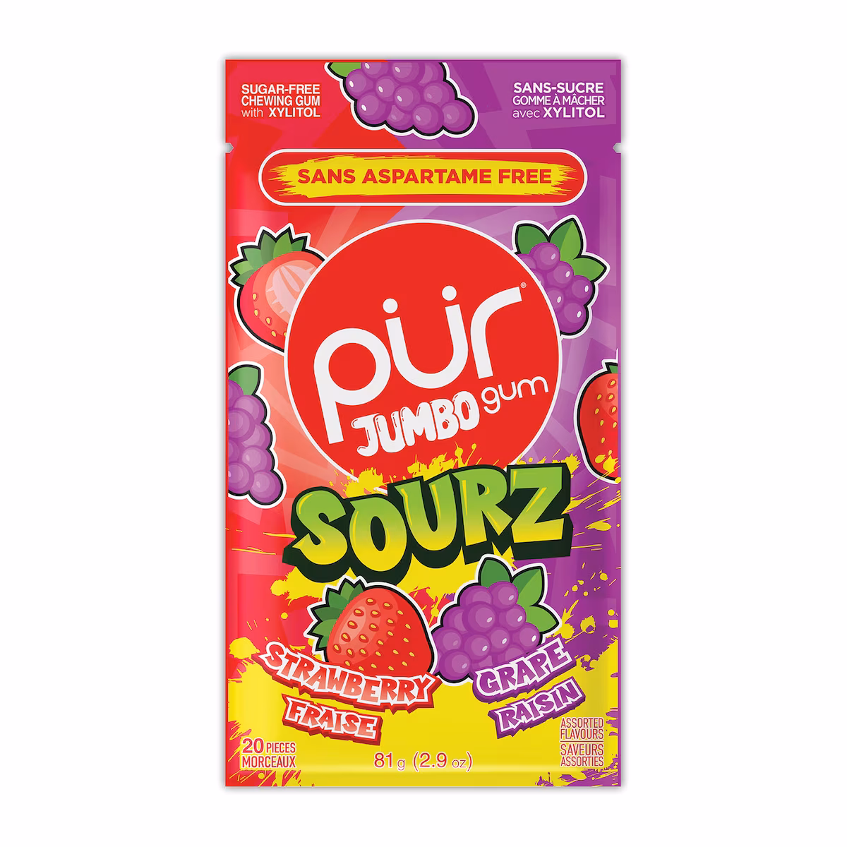 Gomme à Mâcher Jumbo SOURZ, Sans Aspartame au Goût Naturel Acidulée de Fraise et Raisin