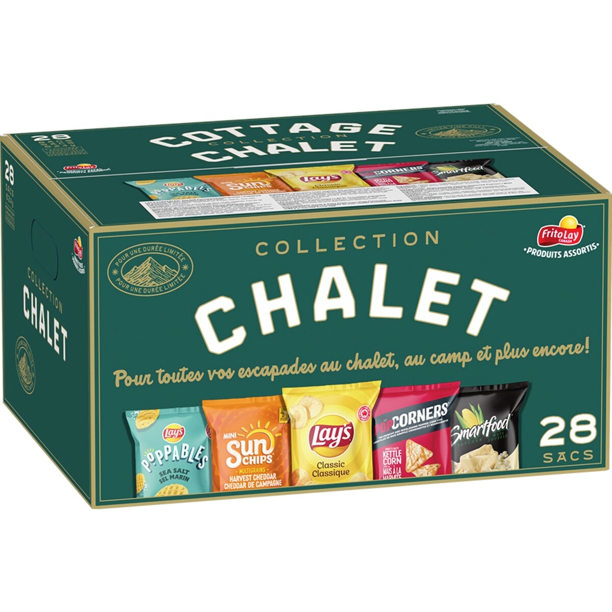Emballage de produits assortis, grignotines aromatisées, Collection Chalet, 28 unités