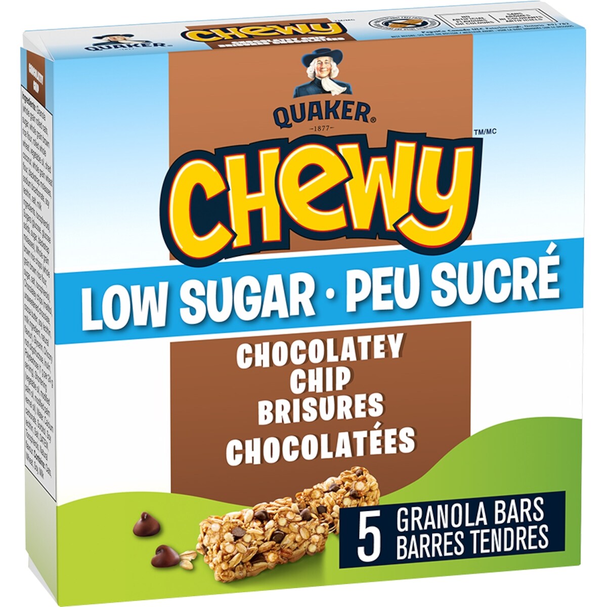 Chewy Peu sucré barres tendres Brisures chocolatées, 5 unités.