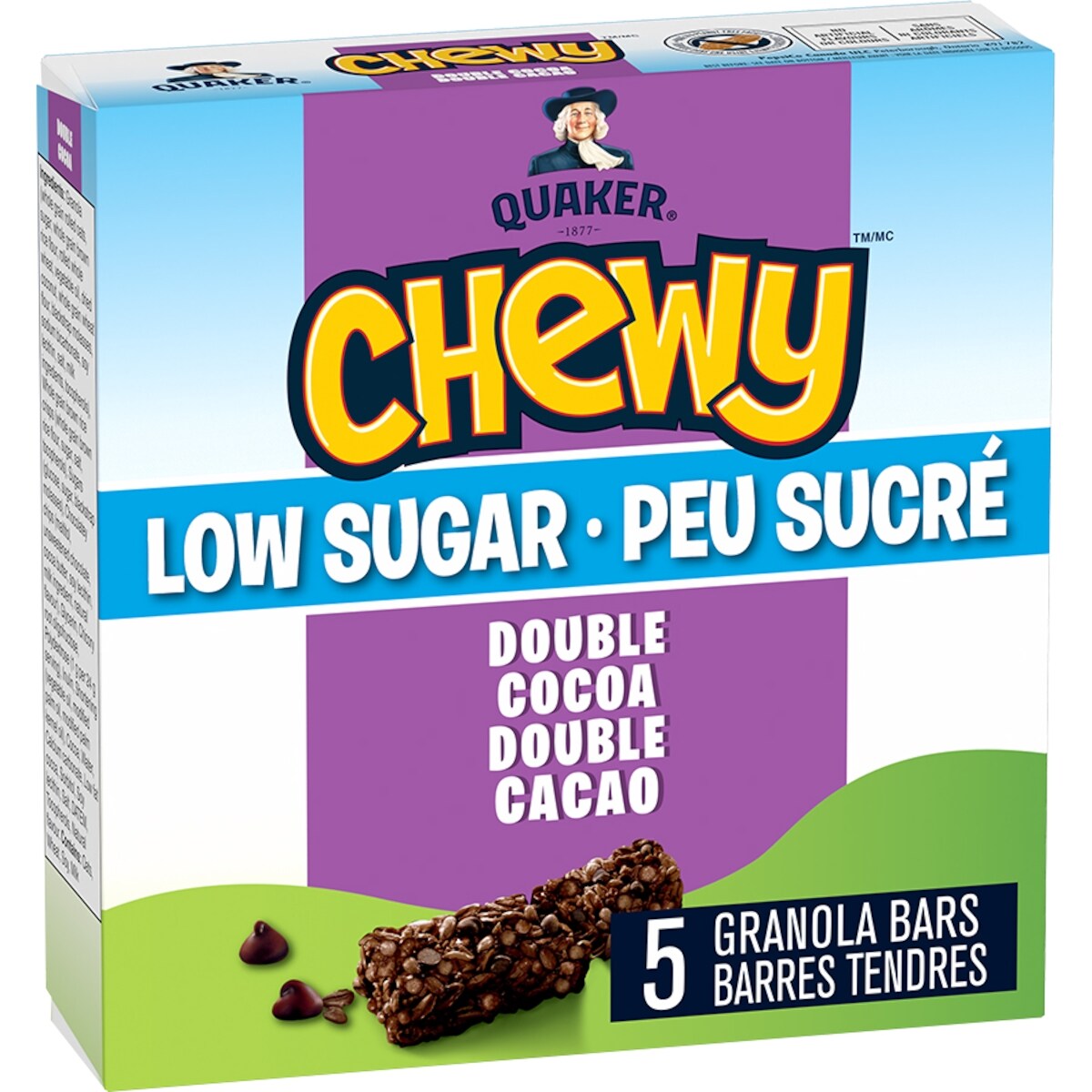 Chewy Peu sucré barres tendres Double cacao, 5 unités.