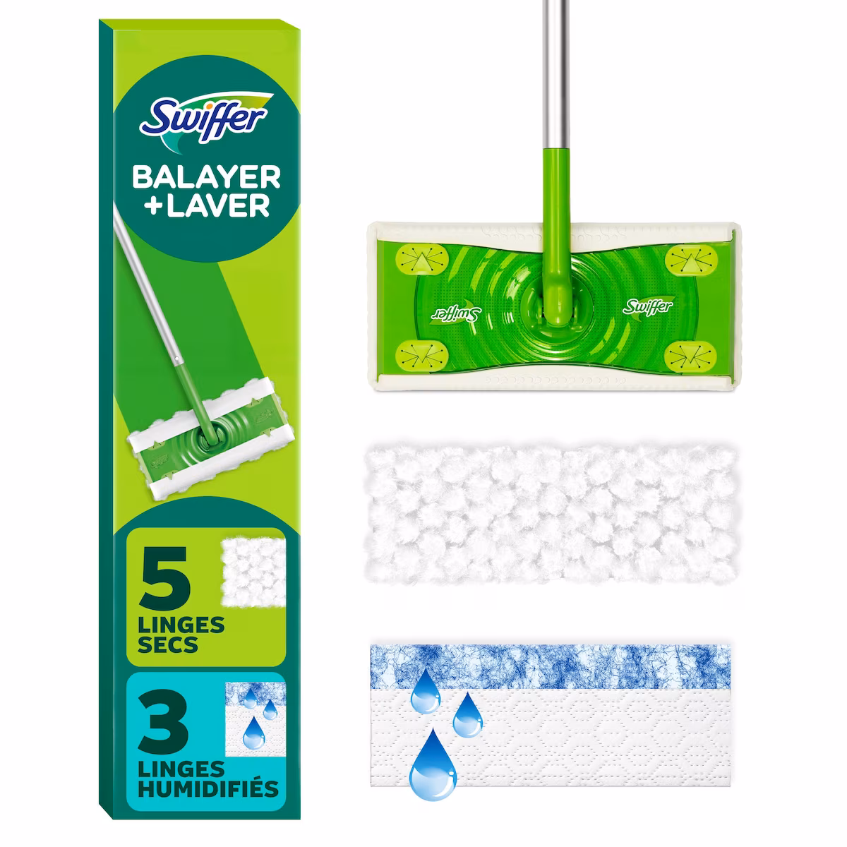 Trousse de balai  Balayer et laver 2 en 1 Sec + humide pour nettoyer et balayer les planchers (1 balai, 5 linges secs Ultra résistants et 3 linges humides Ultra résistants)