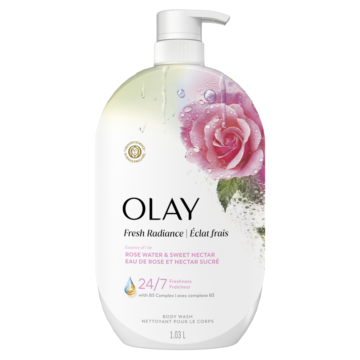 Nettoyant pour le corps Éclat frais avec essence deau de rose et de nectar sucré et mélange de vitamine B3 et dantioxydants