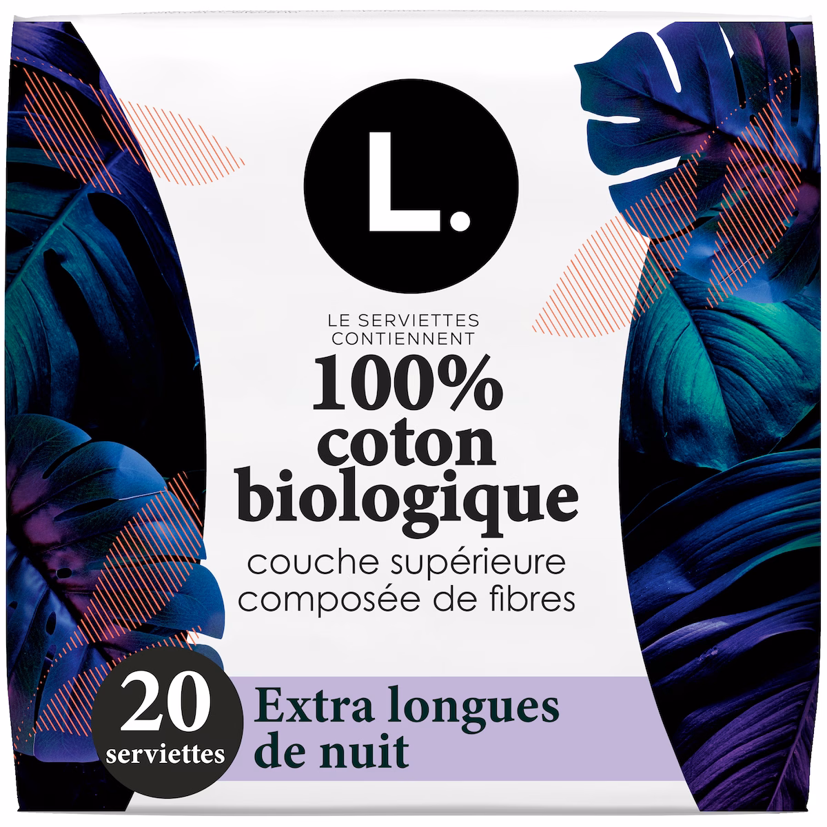 Serviettes ultraminces, voile supérieur en coton biologique, extra longues de nuit, 20 u