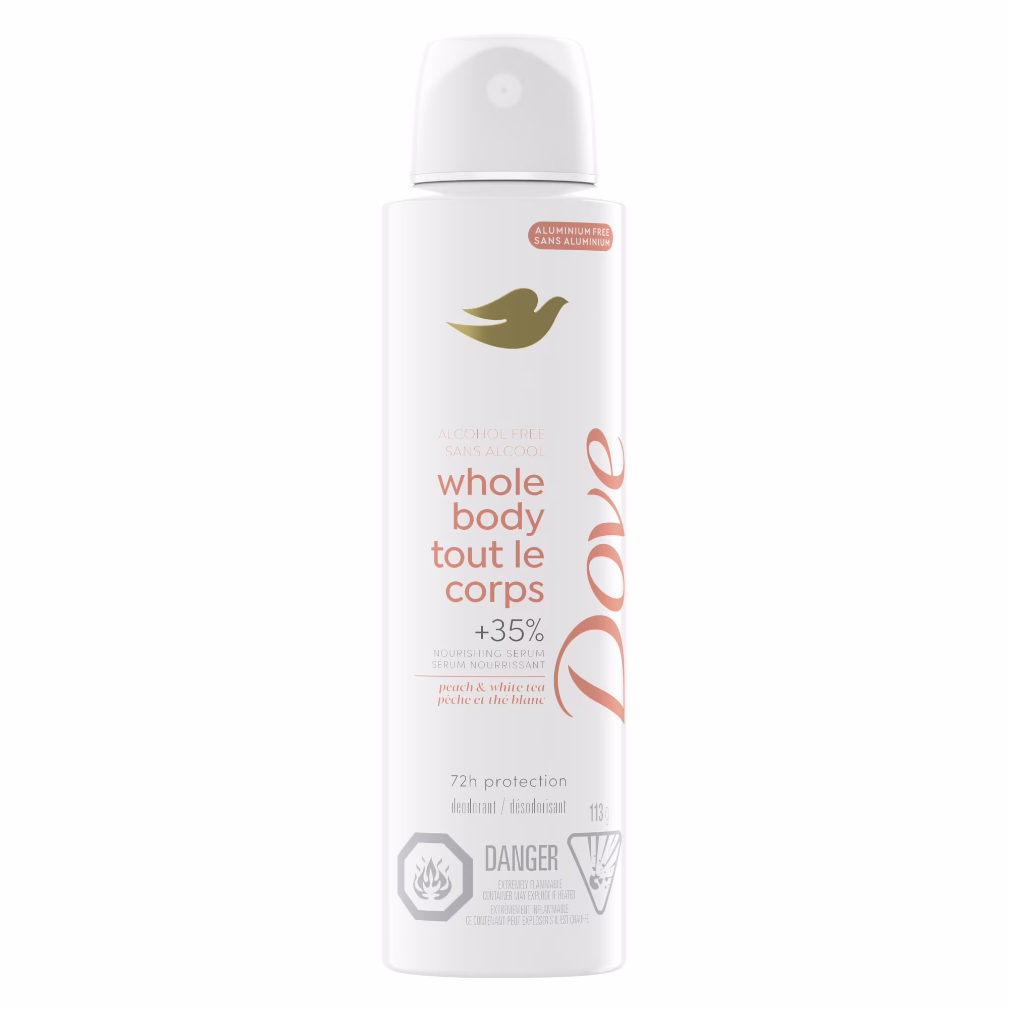 Déodorant en spray corps entier dove pêche et thé blanc sans aluminium.