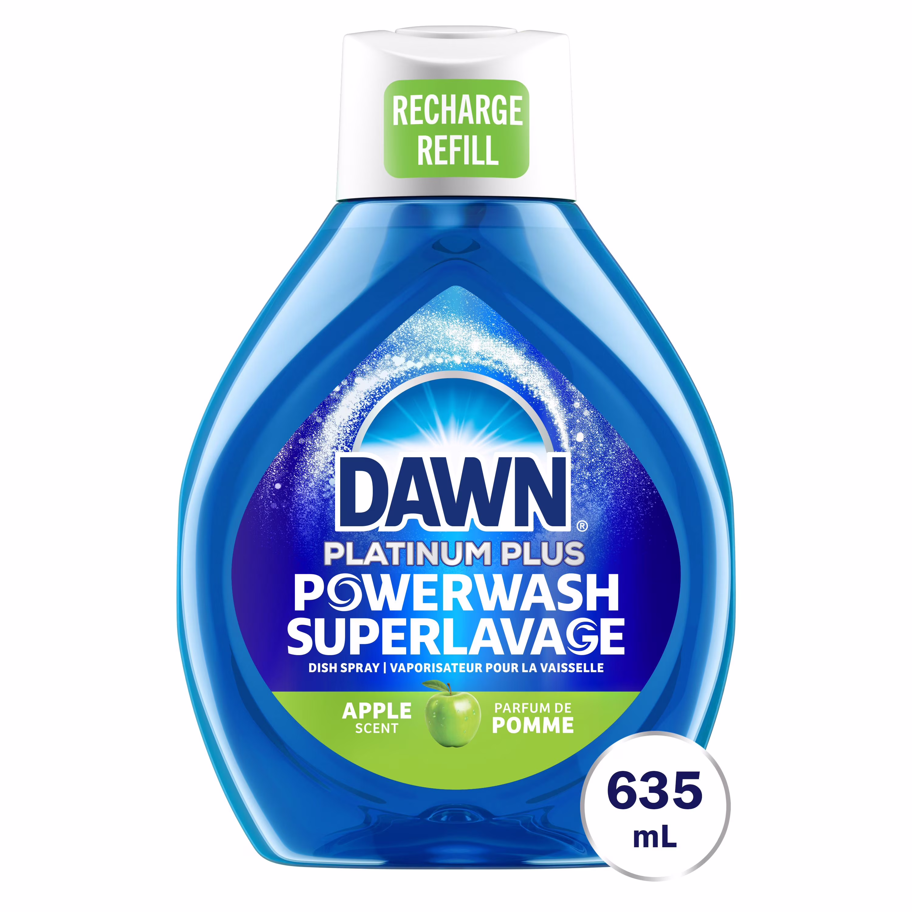 Savon à vaisselle en vaporisateur dawn platinum plus superlavage. parfum pomme. produits ménagers essentiels pour la cuisine. bouteille de recharge
