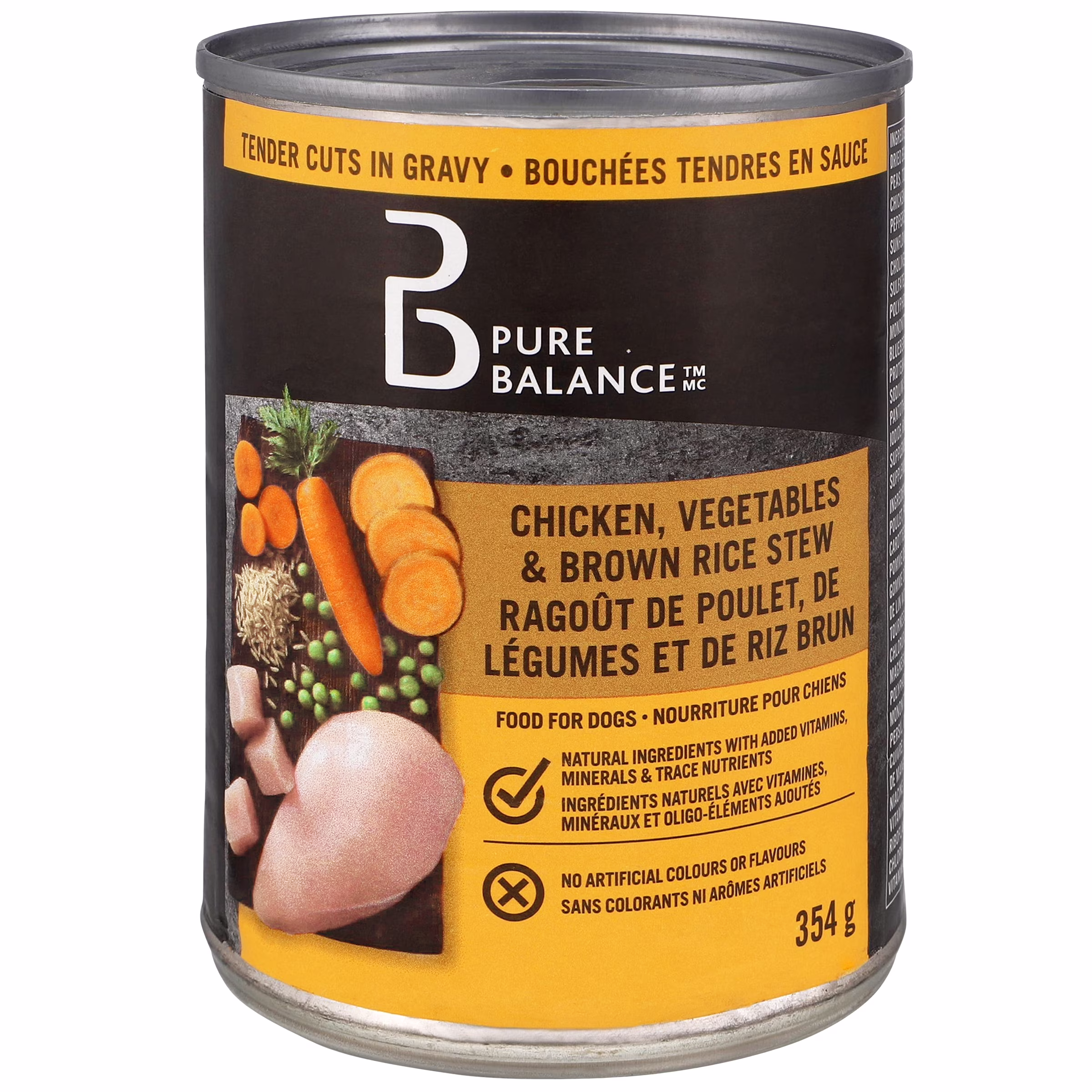 Pure balance ragoût poulet. légumes & riz brun. morceaux tendres en sauce  nourriture humide pour chiens. conserve de  pb poulet. légumes et riz brun -   chacun