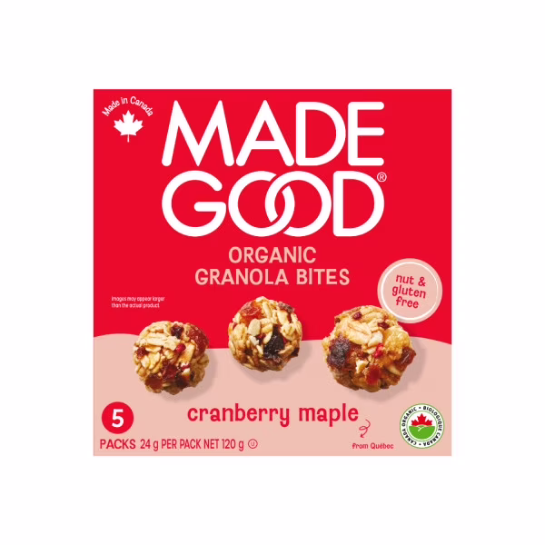 Madegood bouchées granola canneberge et érable boîte de 5 sachets mg bouchées granola canneberge et érable boîte