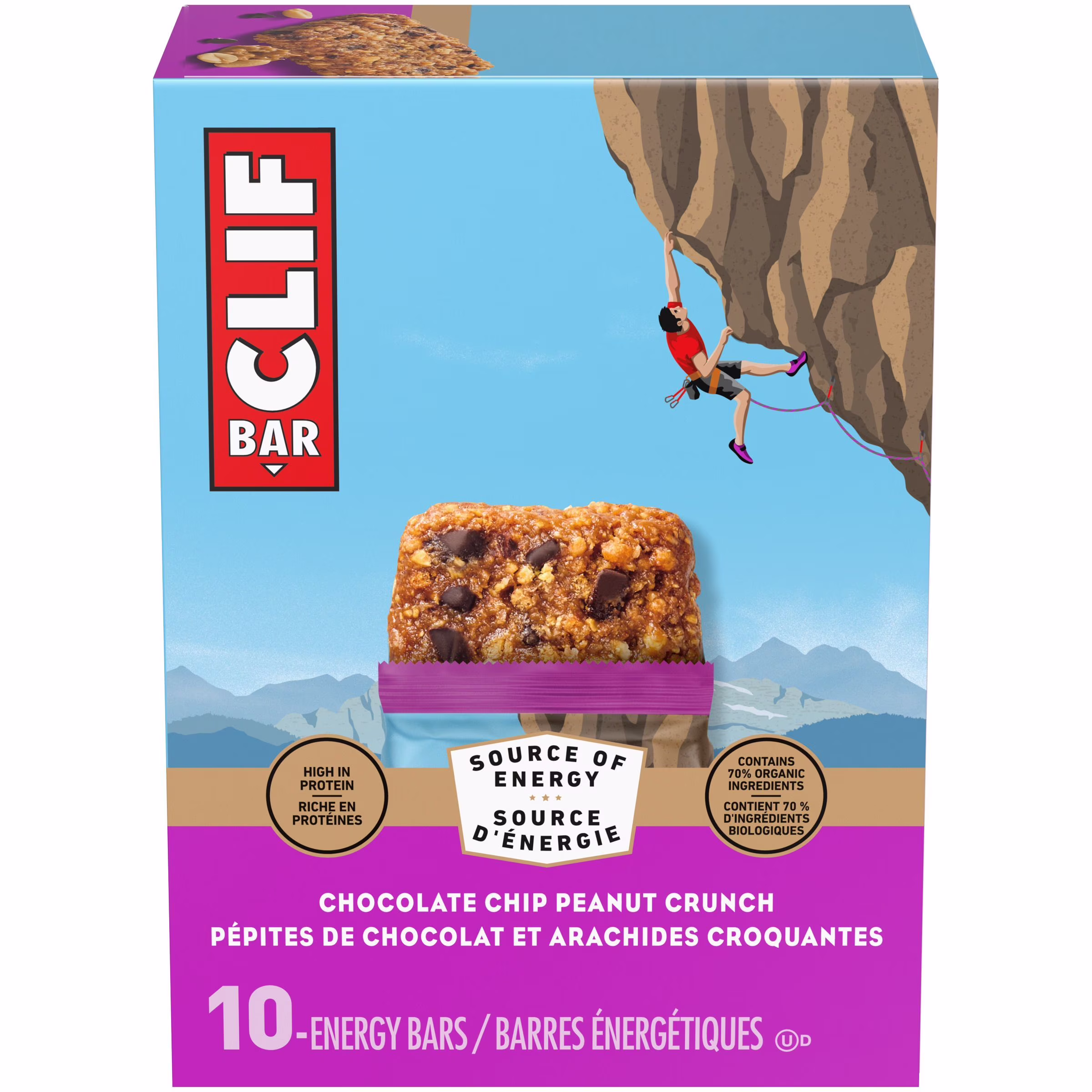 Clif bar barres énergétiques. pépites de chocolat et arachides croquantes. barre granola. riche en protéines. collations. barres déjeuner. contient 70 % d'ingrédients biologiques boîte de 10 barres