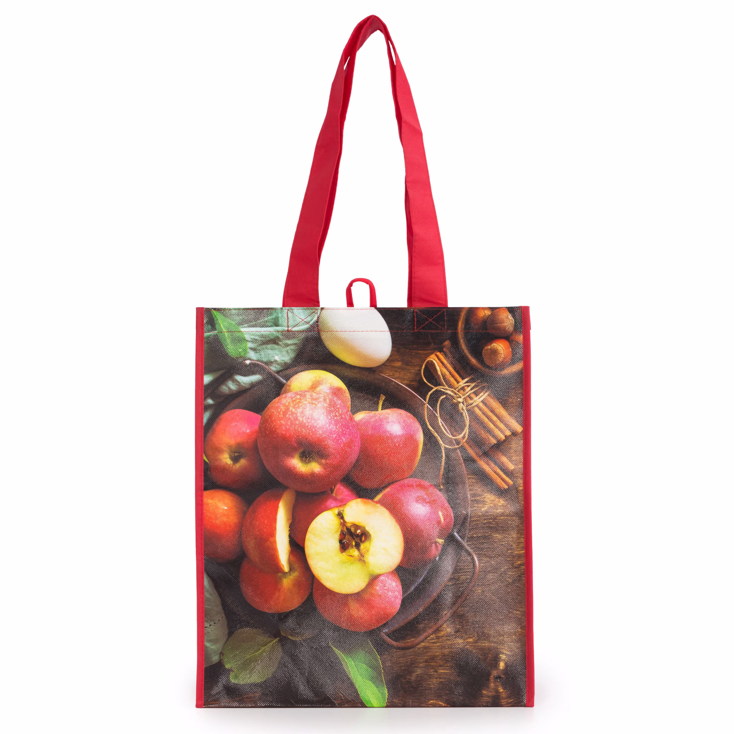 Sac d'épicerie réutilisable. sac fourre-tout laminé avec motif pommes