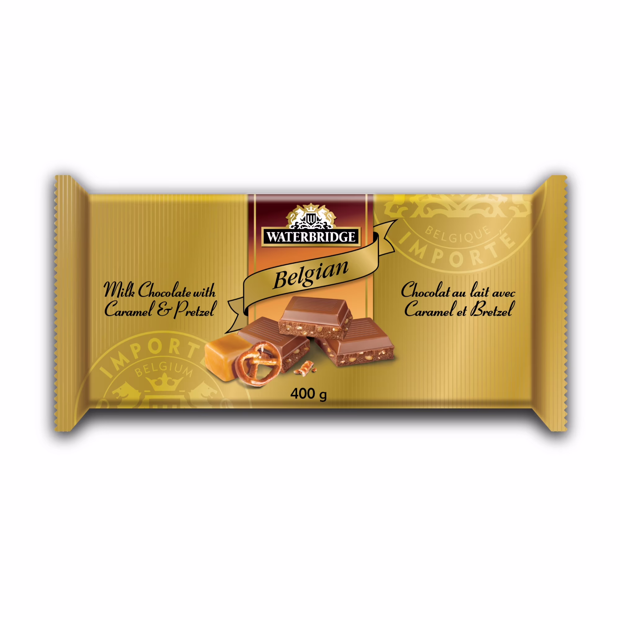 Waterbridge barre gold chocolat au lait avec morceaux de bretzel. rams