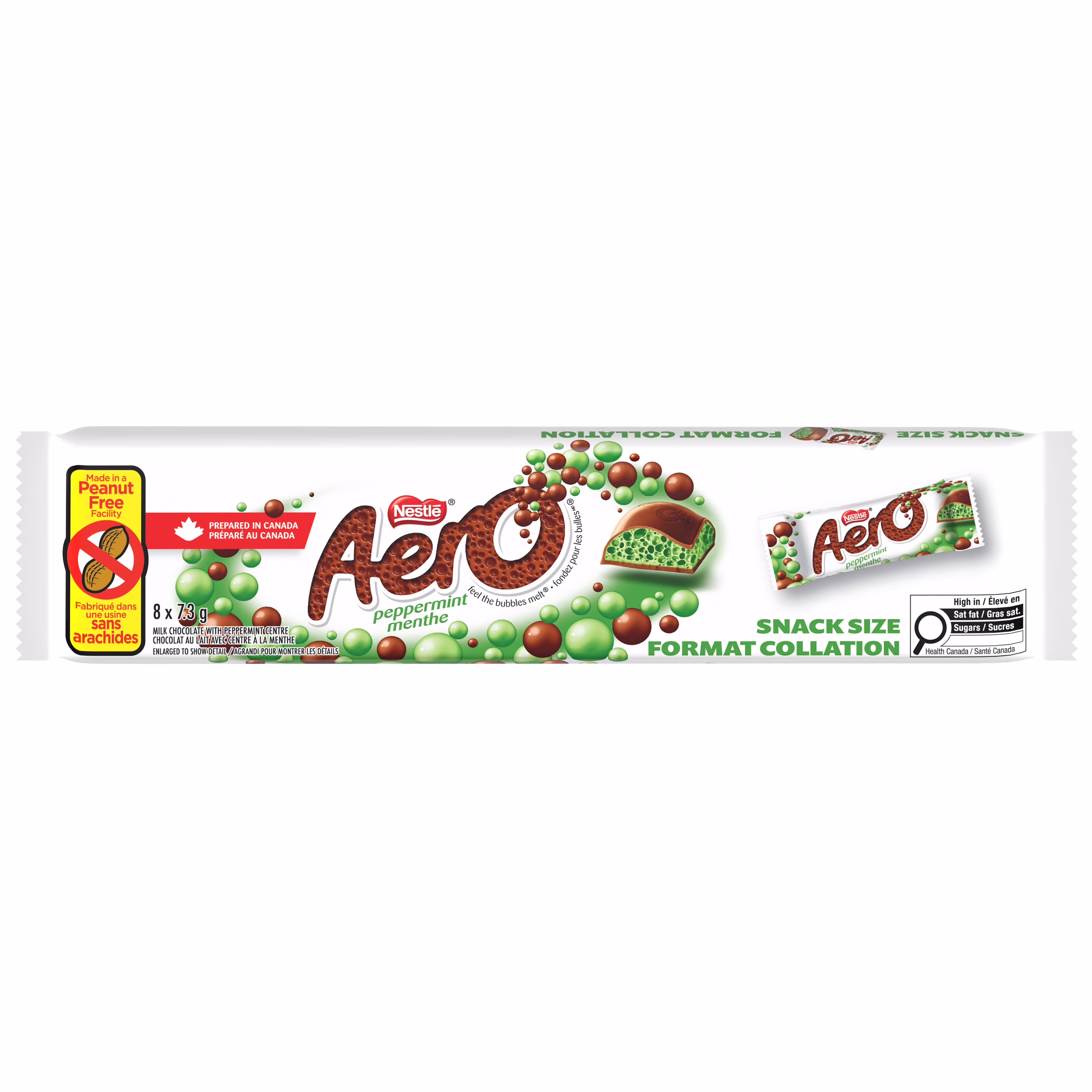 Minibarres menthe poiv.. barres de choc. au lait avec centre rempli de petites bulles à larôme de menthe poiv.. emb. individuels. préparées dans une usine can. sans arachides