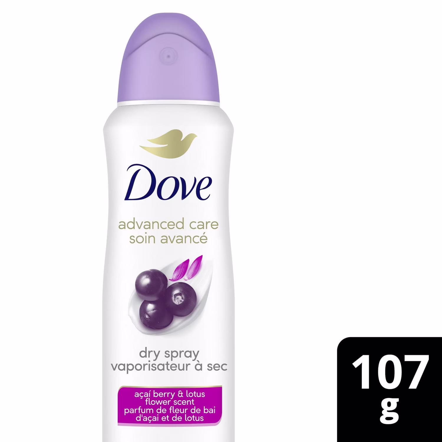 Désodorisant antisudorifique en vaporisateur à sec dove soin avancé parfum de baie d'açaï et de fleur de lotus  antisudorifique