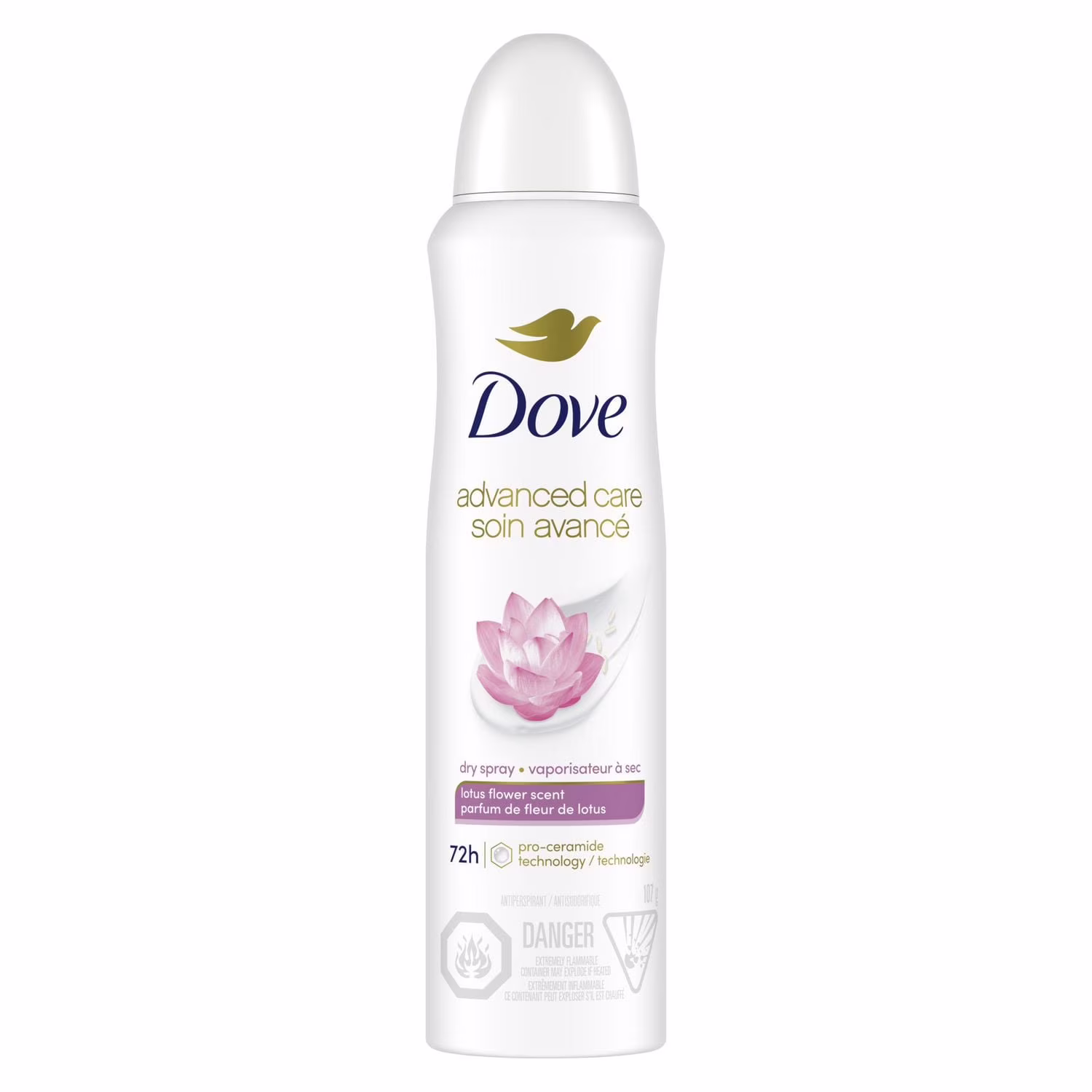 Dove soin avancé désodorisant antisudorifique en vaporisateur à sec fleur de lotus.