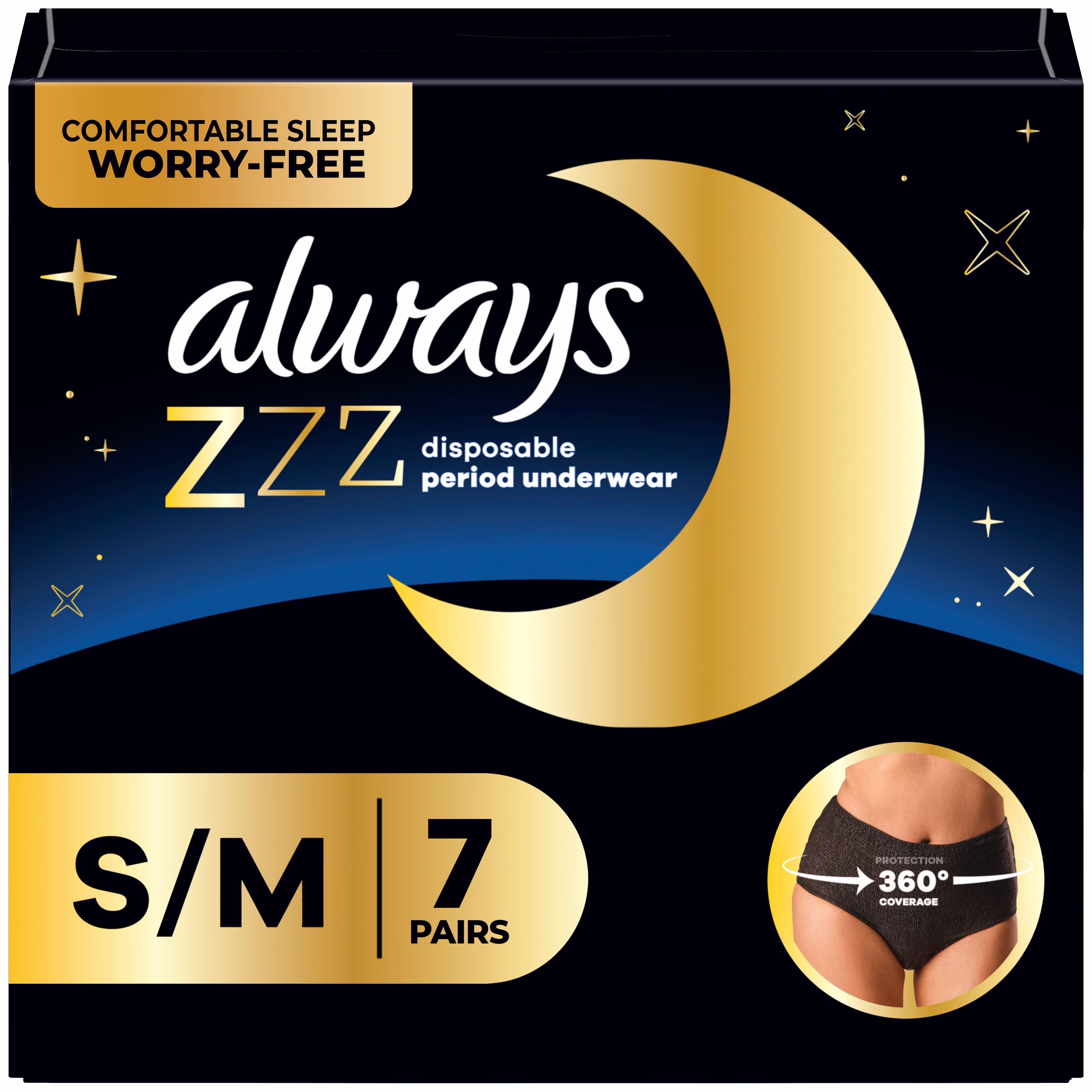 Sous-vêtements jetables pour les règles always zzz de nuit. protection à 360 pour des nuits sans tracas. pour femmes. taillepm. 7sous-vêtements 7ct