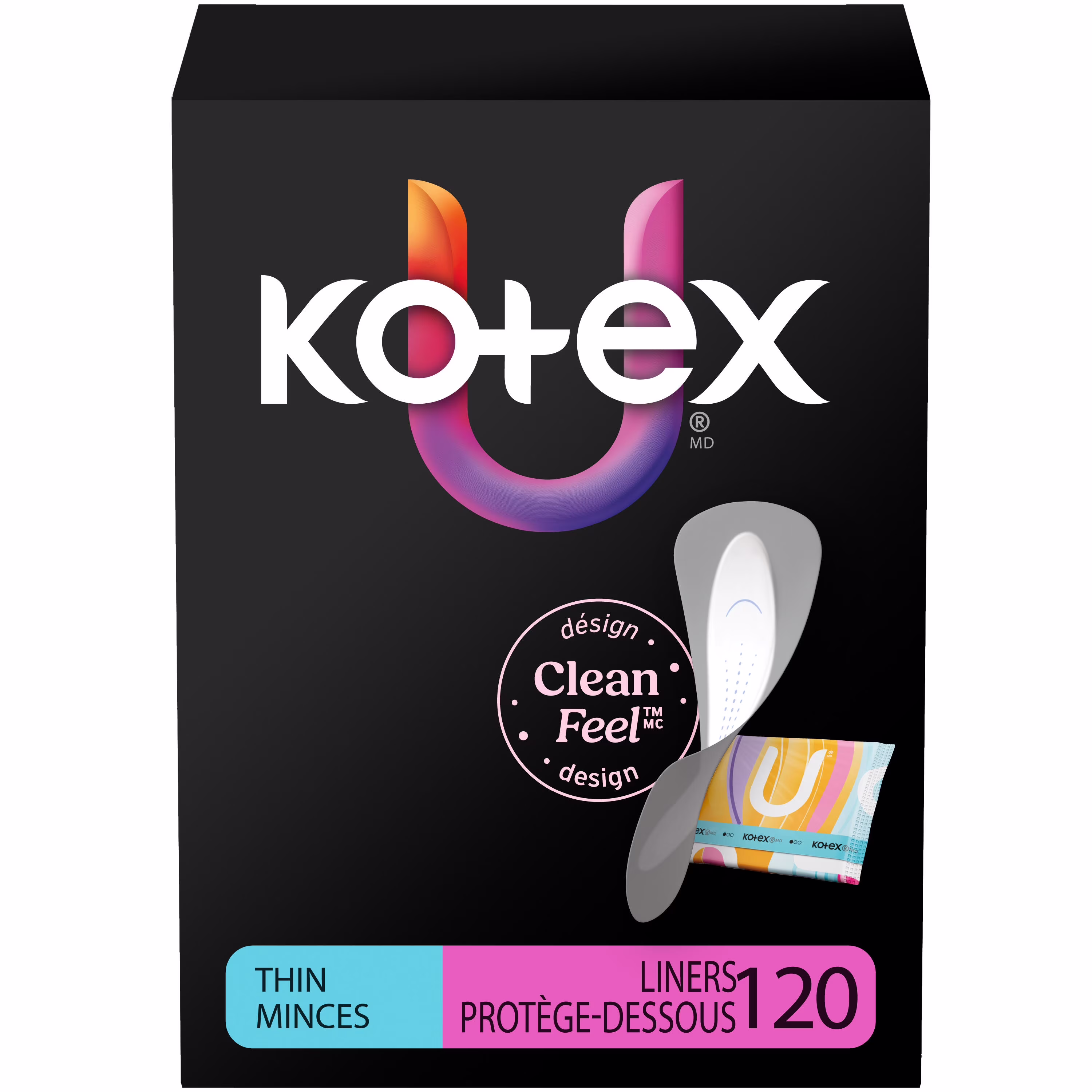Protège-dessous pour le quotidien emballés kotex. absorption légère. minces. 120 unités