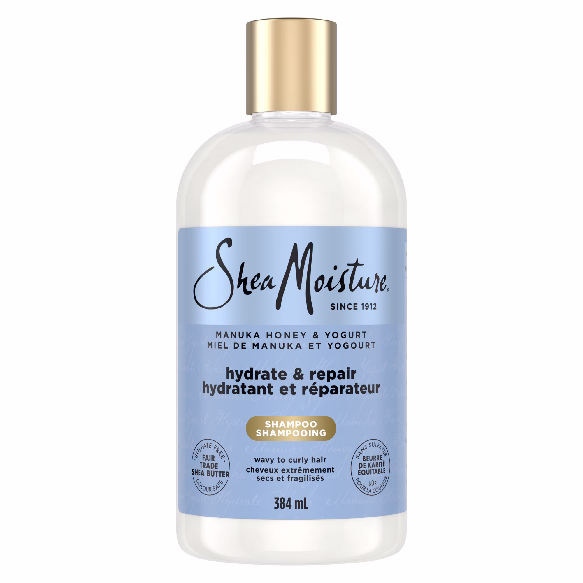Sheamoisture shampooing hydratant et réparateur pour cheveux ondulés et bouclés miel de manuka et yogourt.